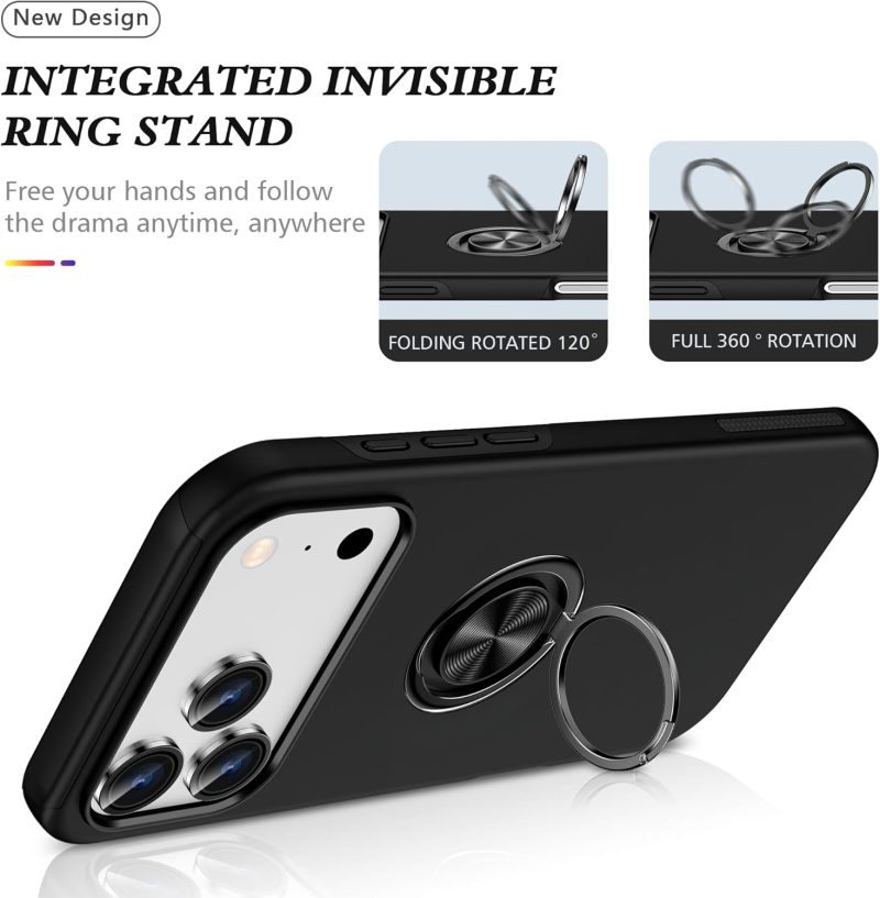 360° Rotation Magnetic Metal Finger Ring Holder Case for iPhone 17 / 17 Air / 17 Pro / 17 Pro Max – Shockproof Hard Cover with Camera Protection, Glossy Anti-Fingerprint Finish – Black - Image 5
