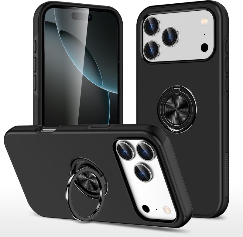 360° Rotation Magnetic Metal Finger Ring Holder Case for iPhone 17 / 17 Air / 17 Pro / 17 Pro Max – Shockproof Hard Cover with Camera Protection, Glossy Anti-Fingerprint Finish – Black