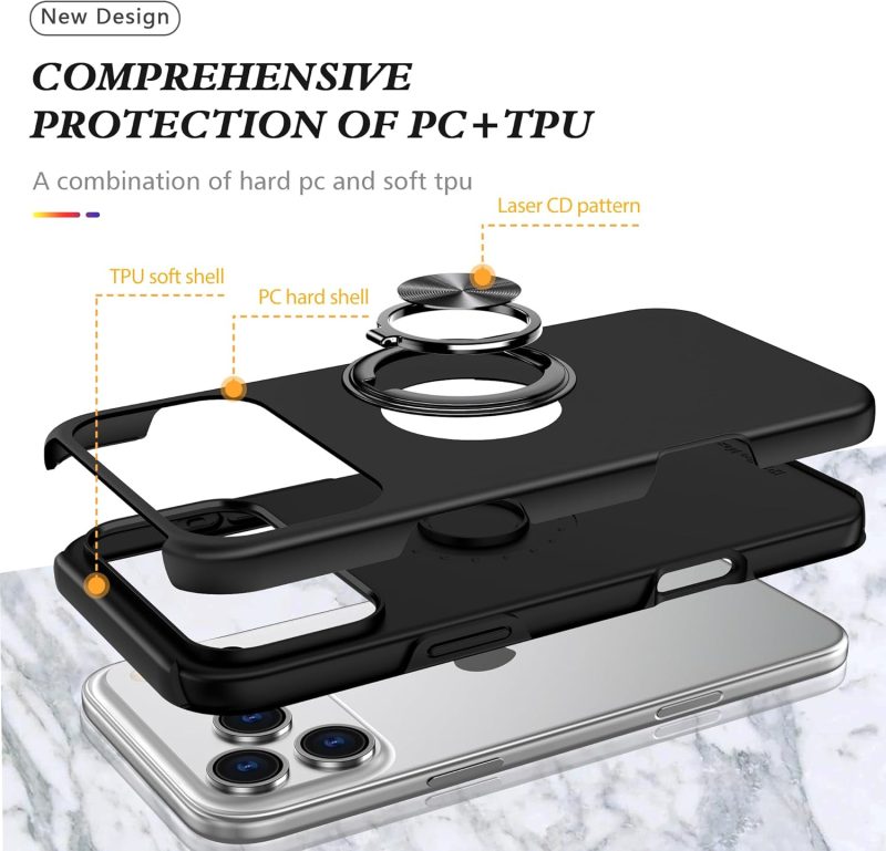 360° Rotation Magnetic Metal Finger Ring Holder Case for iPhone 17 / 17 Air / 17 Pro / 17 Pro Max – Shockproof Hard Cover with Camera Protection, Glossy Anti-Fingerprint Finish – Black - Image 6