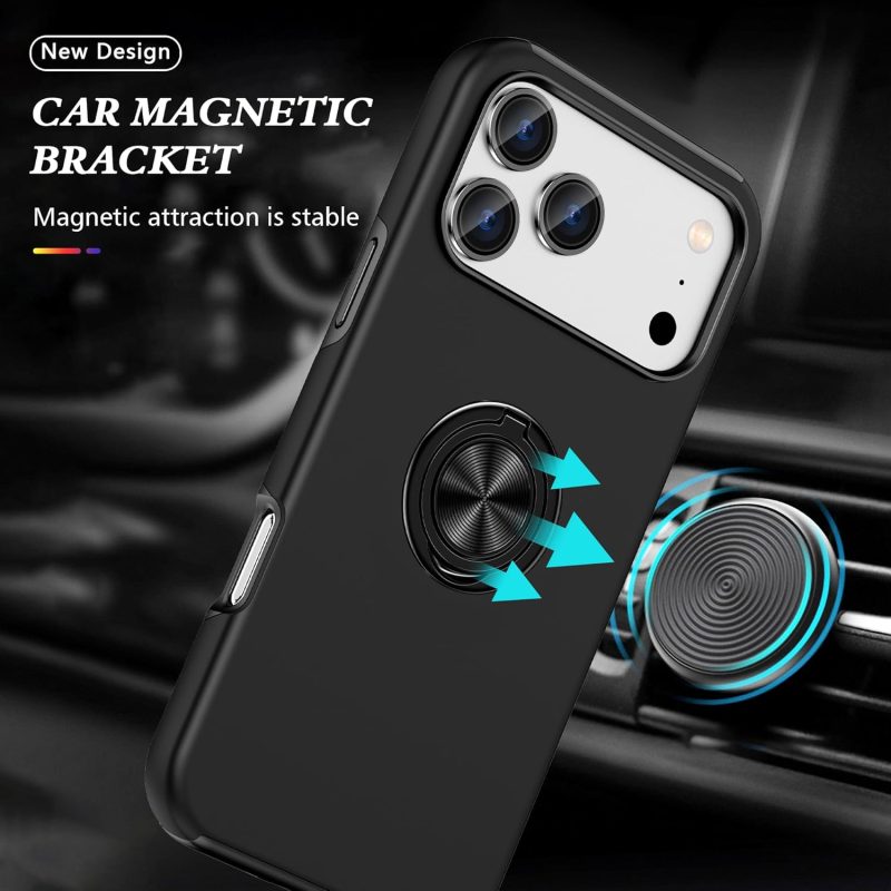 360° Rotation Magnetic Metal Finger Ring Holder Case for iPhone 17 / 17 Air / 17 Pro / 17 Pro Max – Shockproof Hard Cover with Camera Protection, Glossy Anti-Fingerprint Finish – Black - Image 4