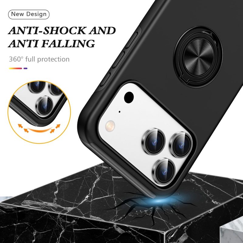 360° Rotation Magnetic Metal Finger Ring Holder Case for iPhone 17 / 17 Air / 17 Pro / 17 Pro Max – Shockproof Hard Cover with Camera Protection, Glossy Anti-Fingerprint Finish – Black - Image 3