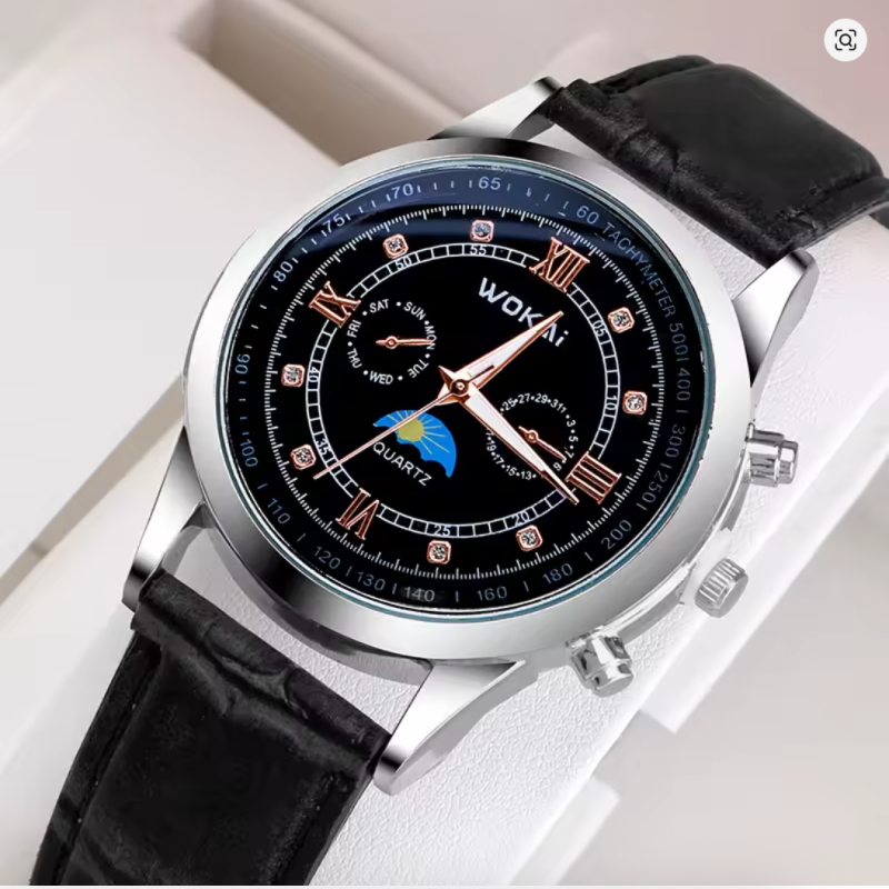 Fashionable and trendy men's watch, sports wristwatch with leather strap, men's gift watch