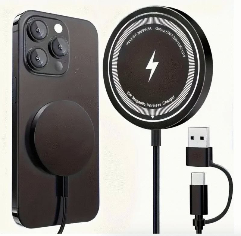 15W Fast-Charging Magnetic Wireless Charger Pad – Compatible with iPhone 16/15/14/13/12/11 (Pro/Max/Mini) | Dual Input USB-C/A | Intelligent Overcharge Protection | Sleek Black Design
