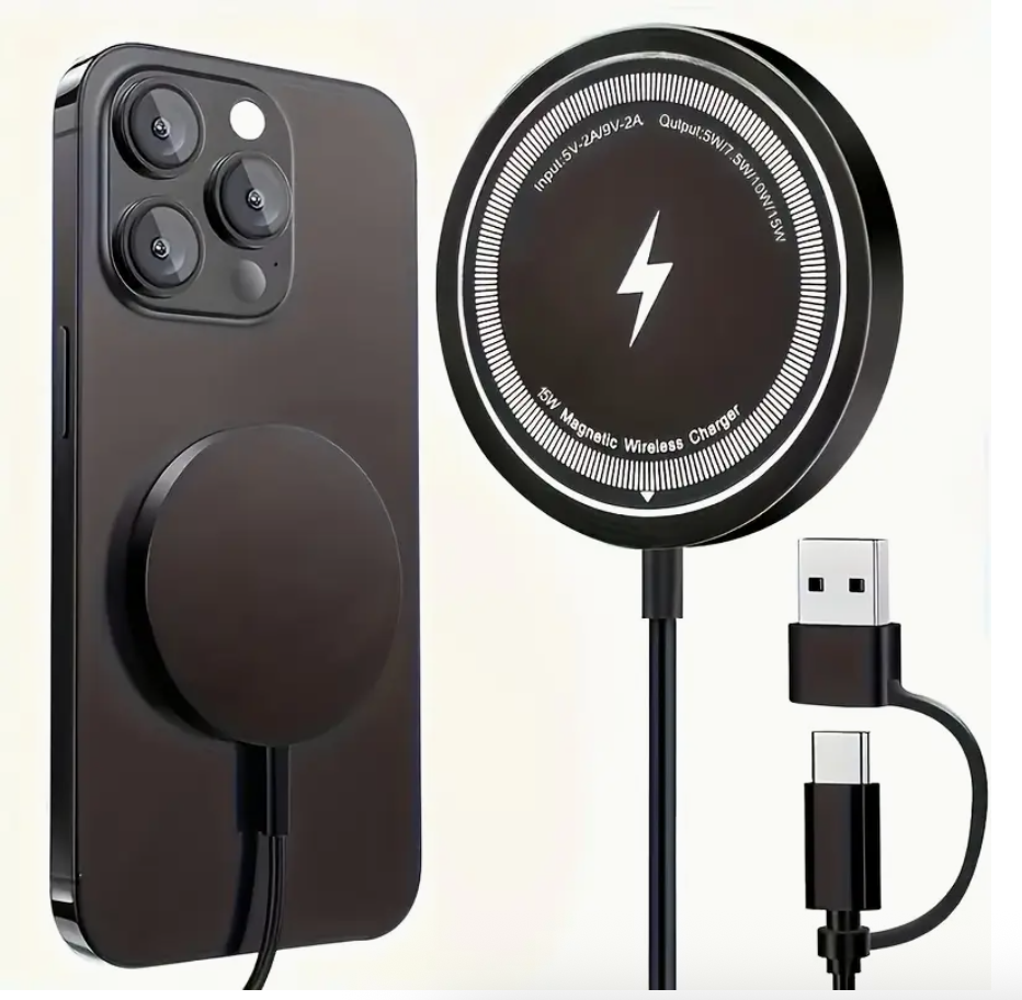 15W Fast-Charging Magnetic Wireless Charger Pad – Compatible with iPhone 16/15/14/13/12/11 (Pro/Max/Mini) | Dual Input USB-C/A | Intelligent Overcharge Protection | Sleek Black Design