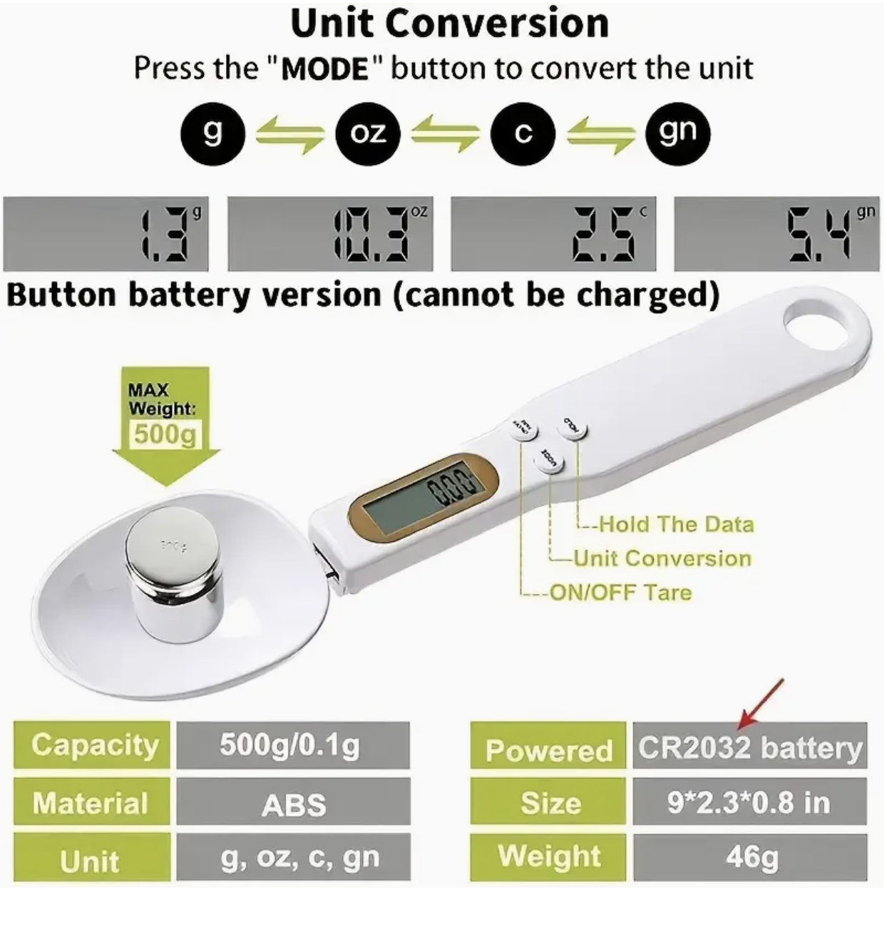 Digital Kitchen Scale Spoon with LCD Display (0.1gā500g) ā High-Precision Portable Measuring Spoon for Cooking, Baking & Portion Control - Image 2
