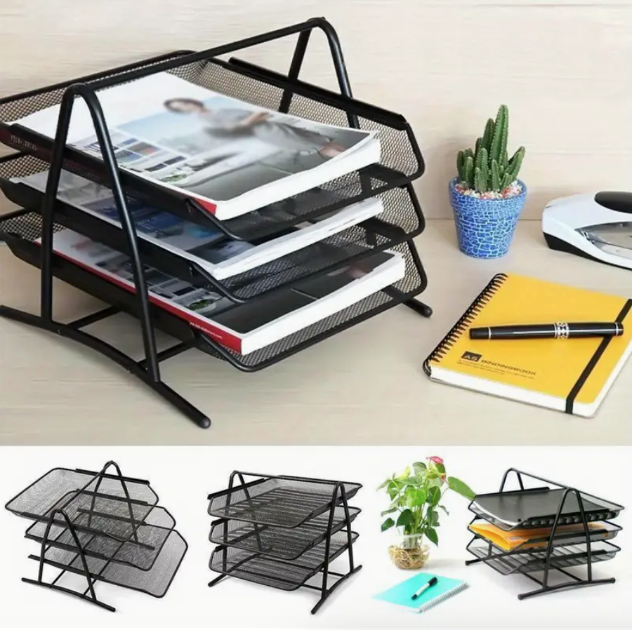 3 Tier Office Filing Trays Holder – A4 Document Paper Wire Mesh Storage Rack - Image 3