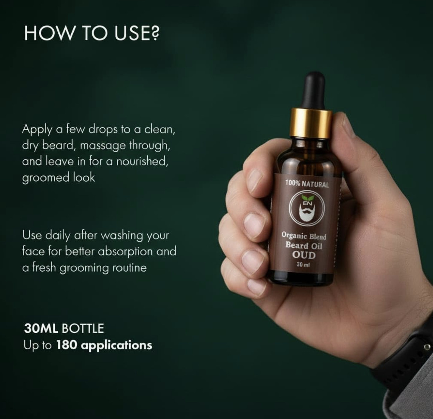 Organic Oud Beard Oil for Men – Beard Growth & Moisturising Formula with Argan, Castor & Jojoba Oils – Softens Facial Hair, Reduce Dandruff – 30ml - Image 4