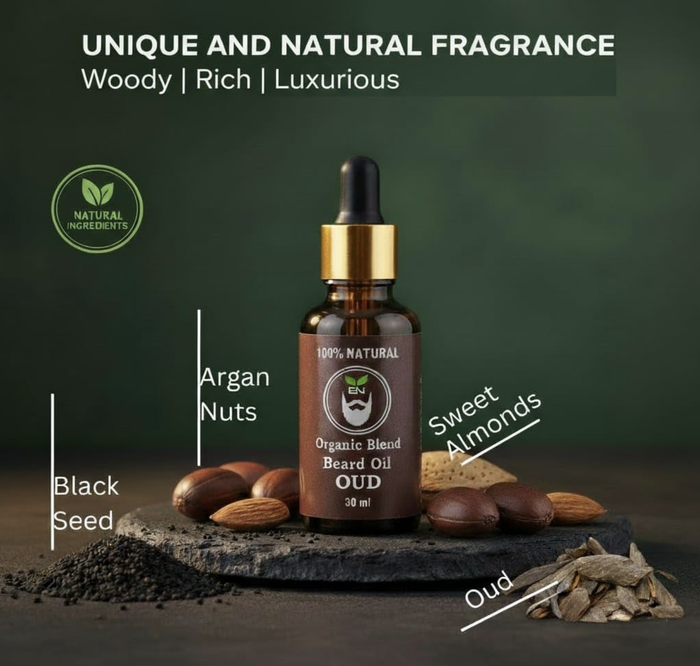 Organic Oud Beard Oil for Men – Beard Growth & Moisturising Formula with Argan, Castor & Jojoba Oils – Softens Facial Hair, Reduce Dandruff – 30ml - Image 3